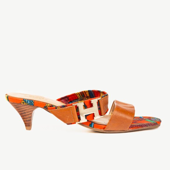 Hermes Brown Leather & Orange Printed-Silk Mule Sandals - Picture 2 of 11